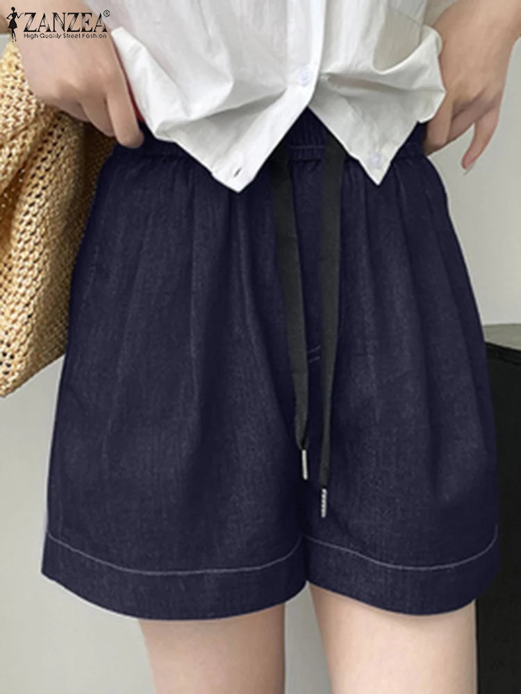 2024 Summer Denim Blue Shorts ZANZEA Women Trousers Elastic Waist Vinatge Pleated Shorts Fashion Wide Leg Pants Casual Shorts