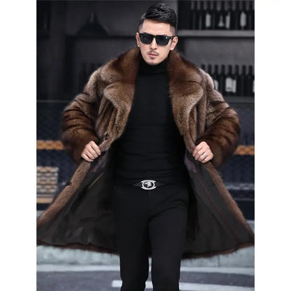 Abrigo largo de piel de visón cálido de invierno para hombre, chaqueta gruesa, cortavientos informal holgado