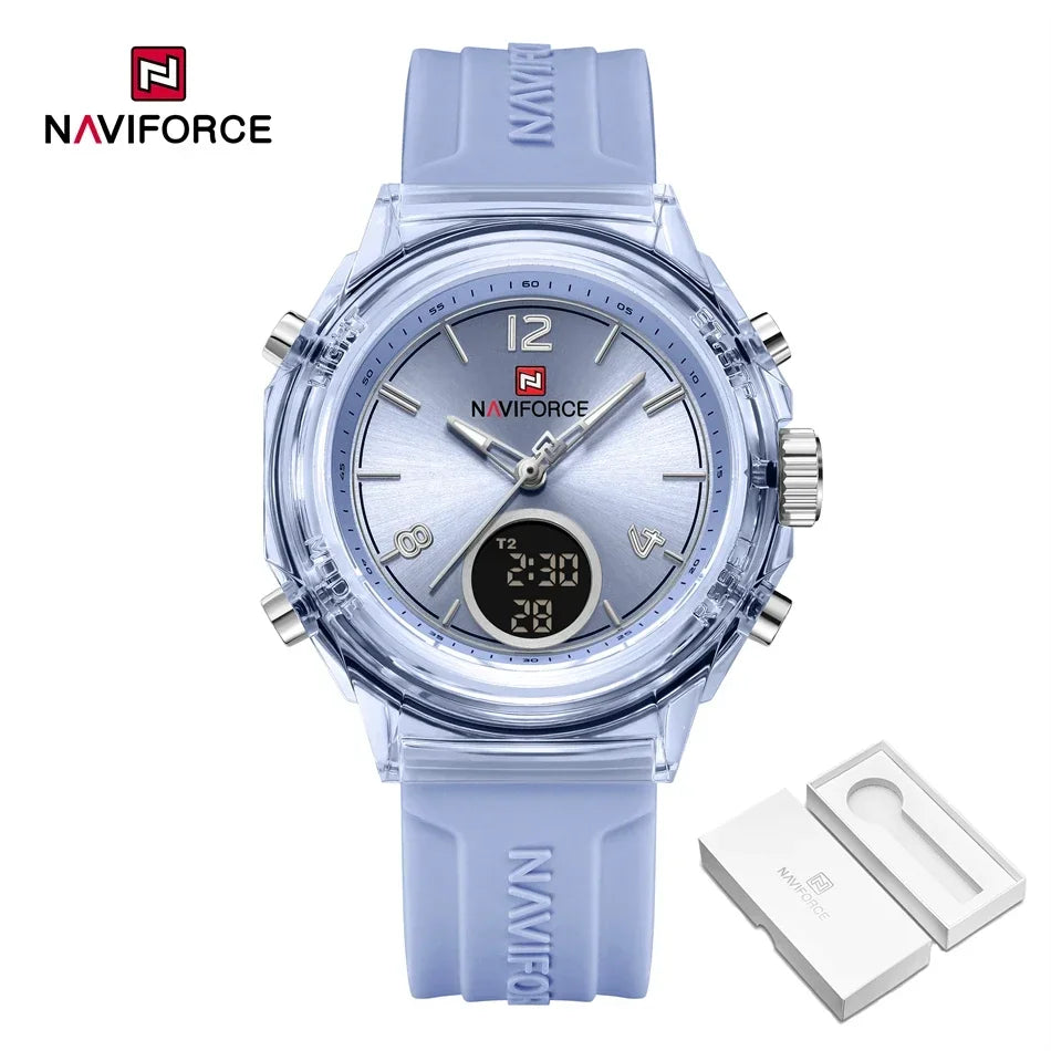 Relojes NAVIFORCE para mujer, nuevo diseño, esfera pequeña, deportivos, para mujer, resistente al agua hasta 5 ATM, reloj de pulsera de cuarzo con pantalla LCD digital, reloj para mujer