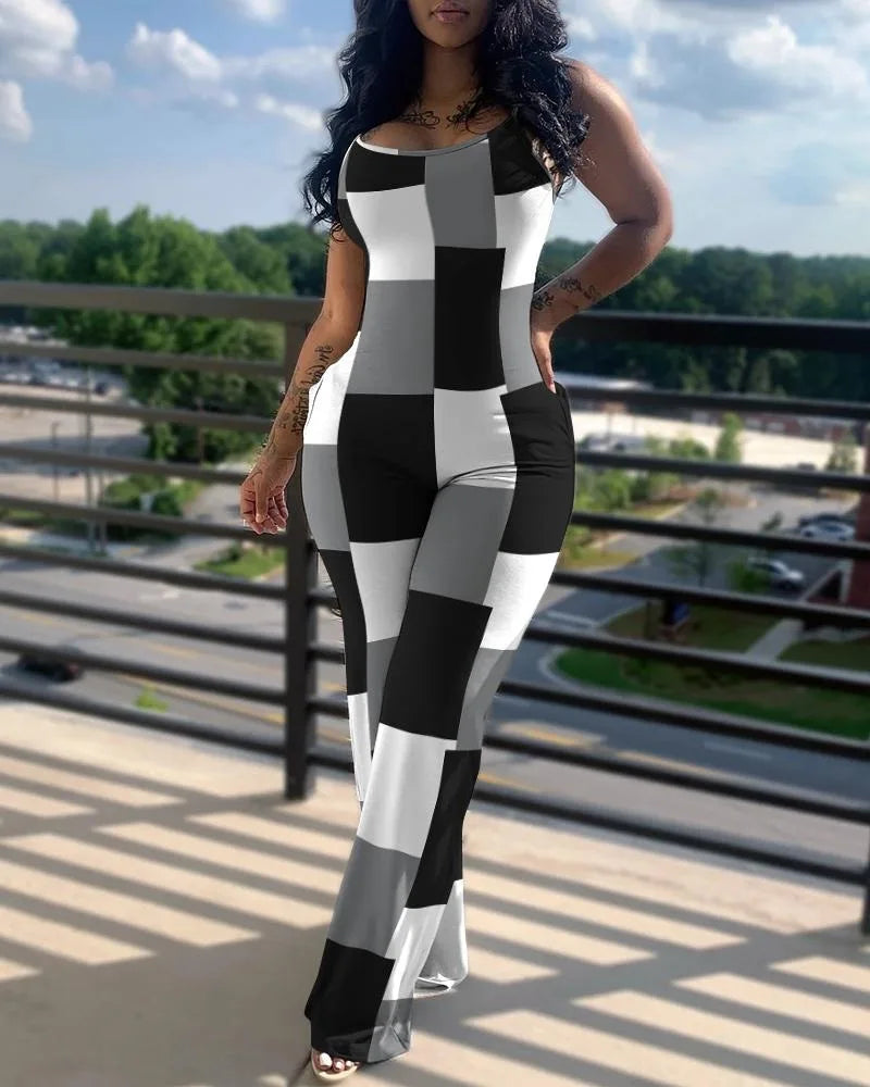 Women's Jumpsuit Summer Fashion Printed Solid Color V-Neck Casual Sleeveless Long Skinny Suspender Jumpsuit