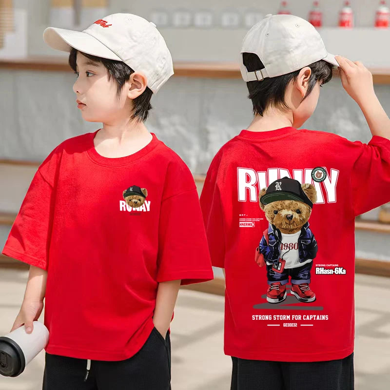 2025 Children's Clothing American Vintage Bear Print Graphic T Shirts Boys Summer Cotton Short-sleeved T-shirt Tops Streetwear