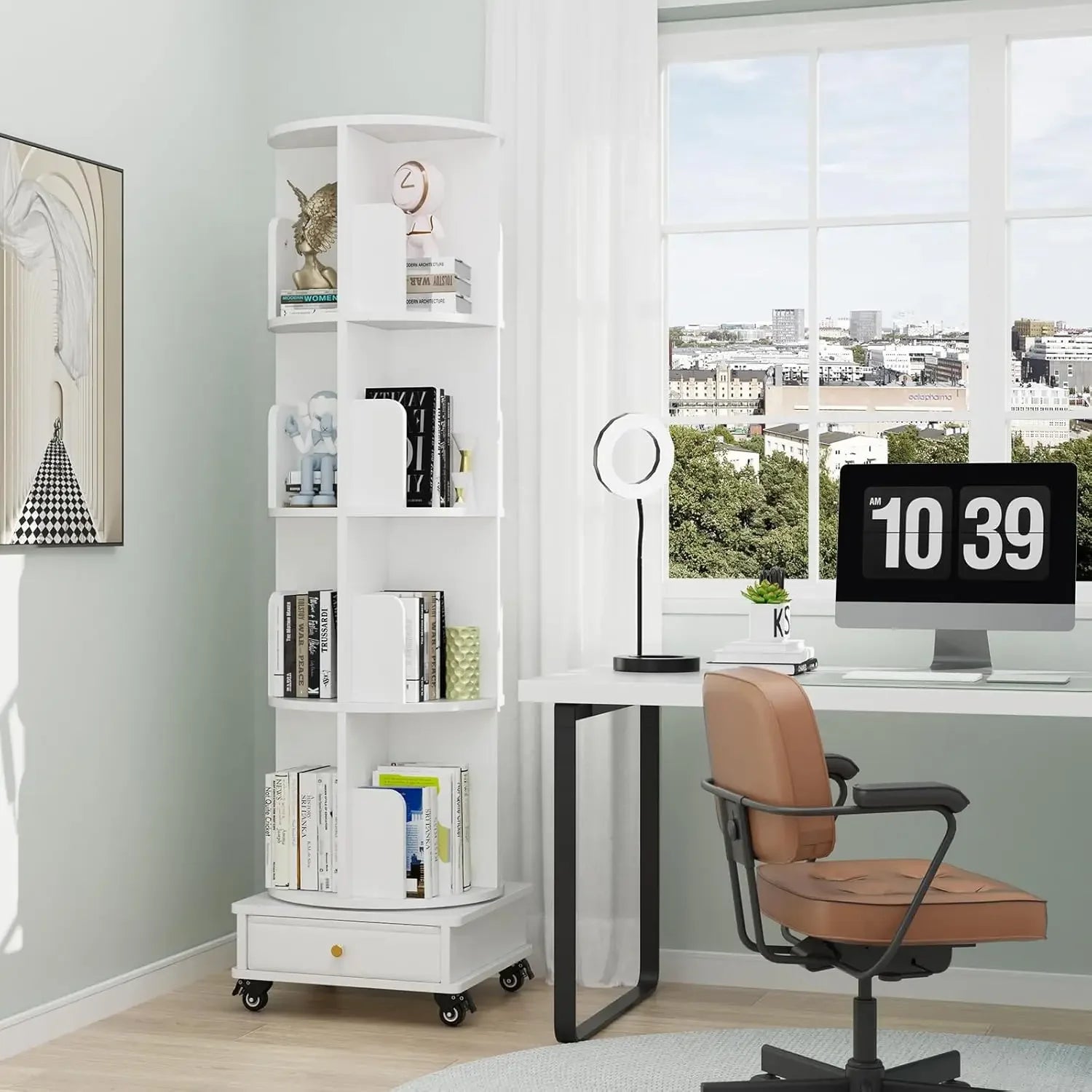 Wooden 4-layer Corner Bookshelf Can Rotating Movable Bookshelf With Single Drawer/Wheels/Storage Shelf For Study/Bedroom/Home