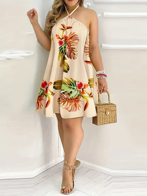 Mini vestido curto sem mangas sem encosto feminino, pescoço solto, vestido de praia, estampa floral, vestidos sexy, plus size, 2023