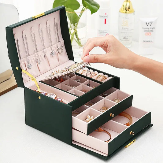 1pcs Multi-Functional Three-Layer Leather Drawer Style Jewelry Box Earrings Lock Jewelry Box