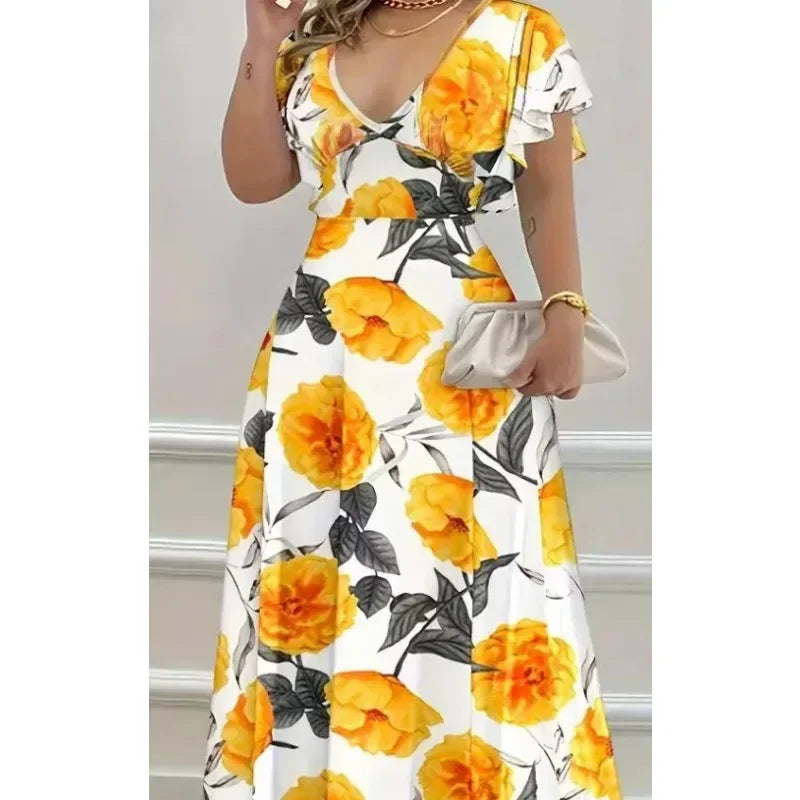 Women's XL-5XL Plus Size Hot Sale V-Neck Elegant Casual Printed Long Dress with Large Hem for Women's Apparel