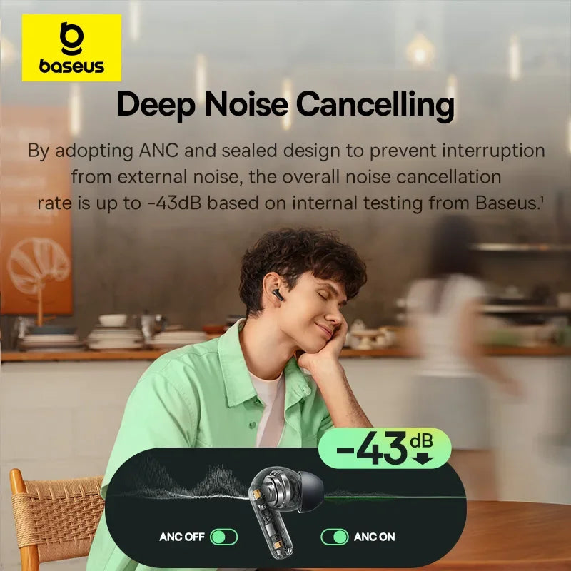 Fones de Ouvido True Wireless Baseus Bass EP10 NC – Cancelamento de Ruído ANC de -43dB, Bluetooth 6.0, Intra-auriculares, 4 Microfones com ENC