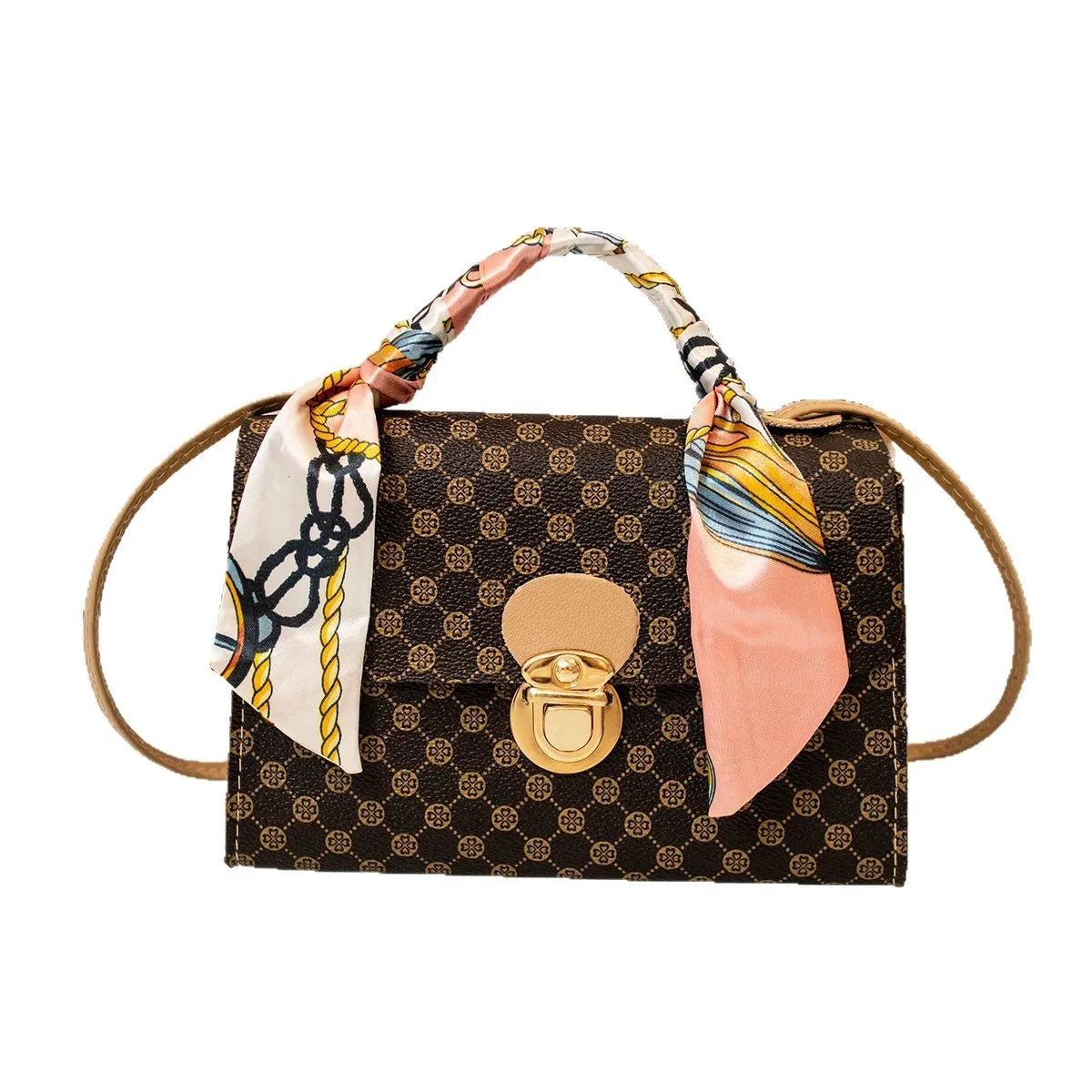 Casual Versatile Floral Print Shoulder Bag Simple Design Silk Scarf Handbag Fresh Sweet Style PVC Material Small Square Bag