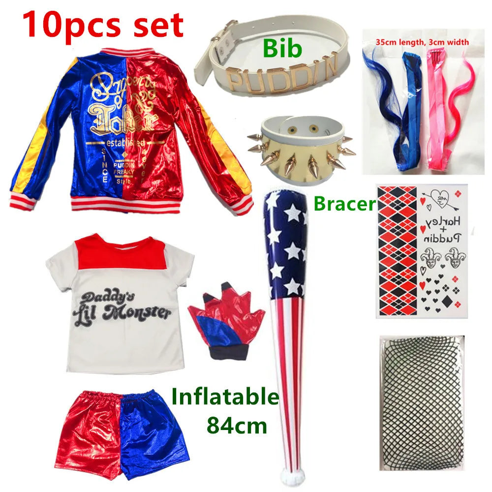 Harley Quinn Cosplay Suicide Squad Harleen Quinzel Kids Girls T-Shirt Joker Jacket Halloween Costume