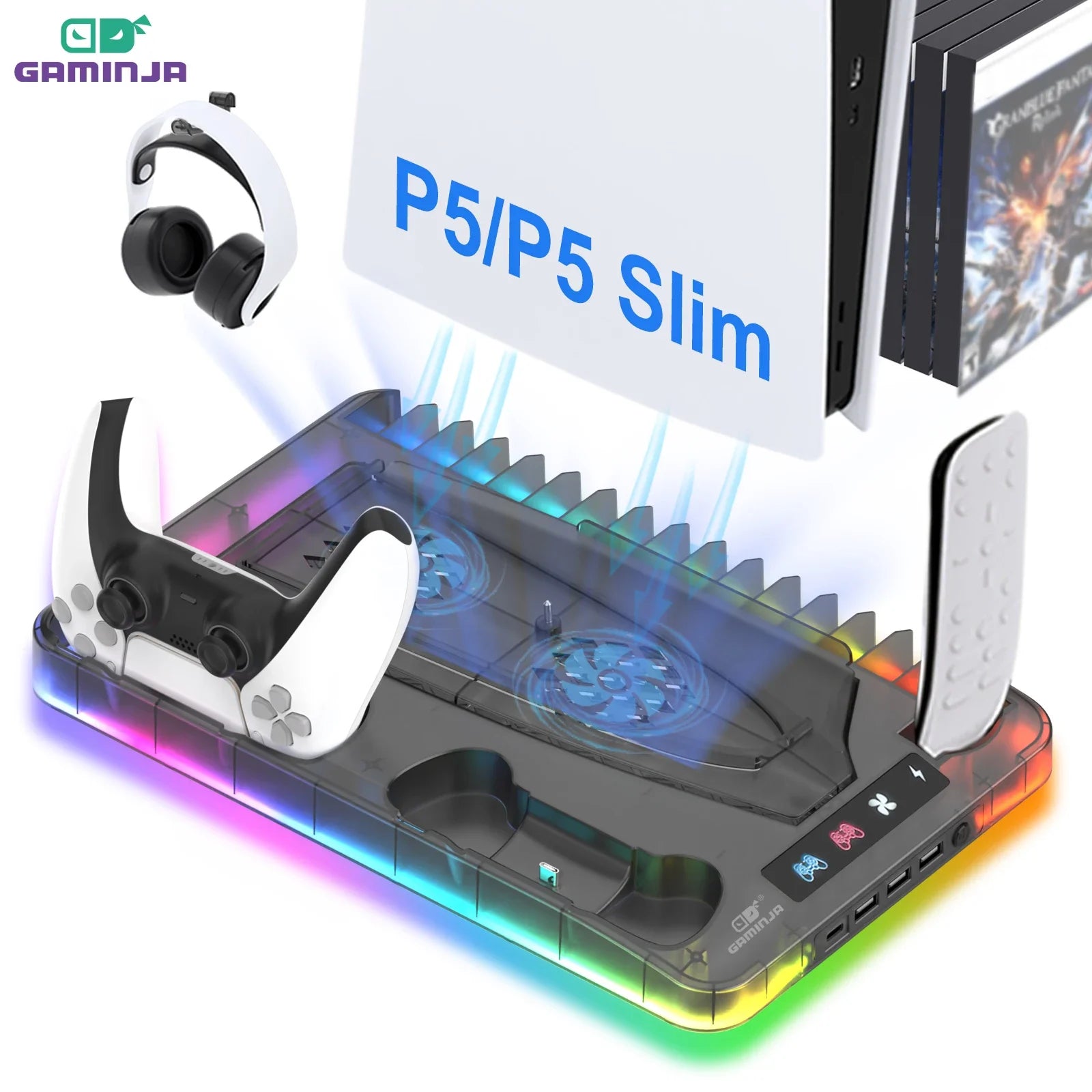 GAMINJA Host Heat Dissipation Base For PS5 With 7 Color Light Effect Headphone Hook Game Disc Storage Rack Handle Charging Stand