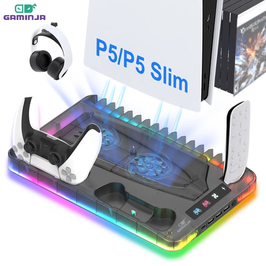 GAMINJA Host Heat Dissipation Base For PS5 With 7 Color Light Effect Headphone Hook Game Disc Storage Rack Handle Charging Stand