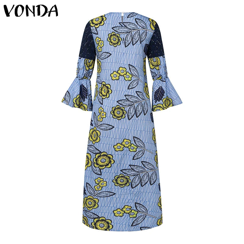 Plus Size VONDA Bohemian Women Flared Long Sleeve Maxi Dress Casual Vestidos Round Neck Loose Print Sundress Ruffles Long Robes