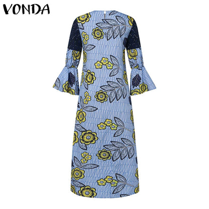 Plus Size VONDA Bohemian Women Flared Long Sleeve Maxi Dress Casual Vestidos Round Neck Loose Print Sundress Ruffles Long Robes