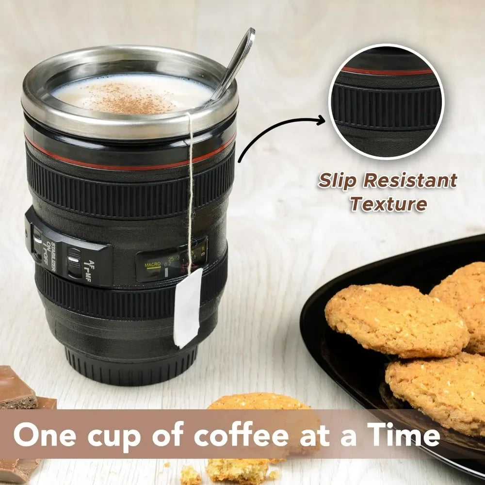 1pc SLR Camera Lens Cup Camera Lens Model Stainless Steel Casual Cup with Lid Coffee Mug White Black Coffee Mugs Creative Gift