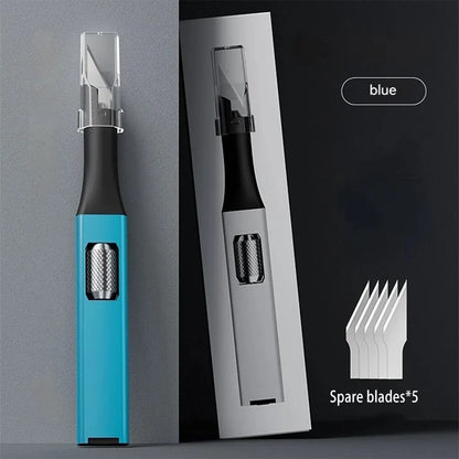Cuchillo para trinchar con mango de aluminio en forma de bolígrafo, incluye 5 hojas con diseño de herradura que puedes reemplazar tú mismo.