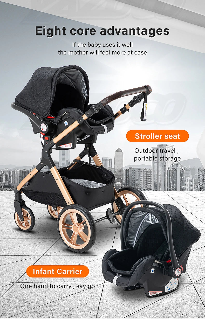 Newest Baby Stroller 3 in 1 Lightweight High Landscape Baby Carriage Aluminum Frame Travel System with Car Seat Pram for Newborn