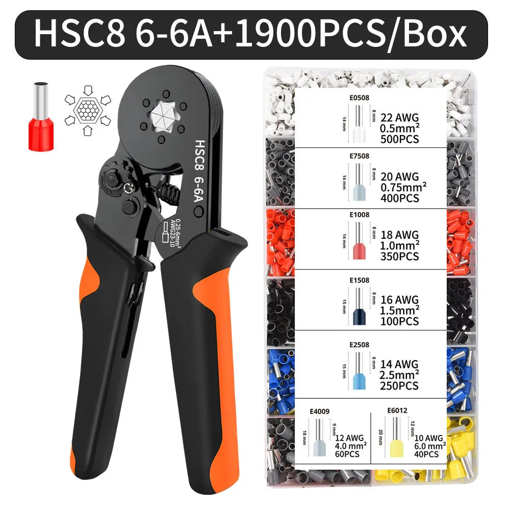 Kit de crimpadora de casquillos hexagonales autoajustables con trinquete, 23-7 AWG, 0,25-10 mm², con terminales de cable y casquillos