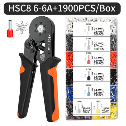 Hexagonal Self-Adjustable Ratchet Ferrule Crimping Tool Kit 23-7AWG 0.25-10mm² Crimper Kit with Ferrule Sleeves Wire Terminals