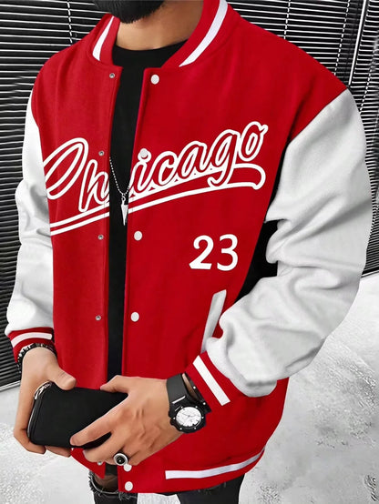 Chaqueta de béisbol con estampado de letras y bloques de color para hombre de Manfinity, chaqueta de motociclista, chaqueta de cuero estilo urbano para hombre