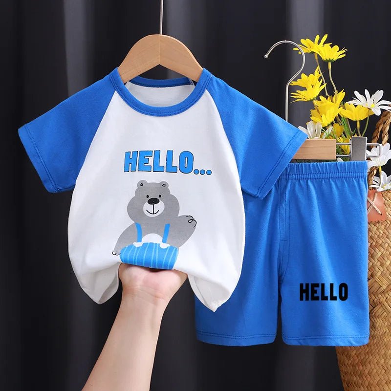 New Boys Summer Clothing Set Full Bear Print Cotton Short Sleeve T-shirts and Shorts 2PCS Breathable Outfit For Girls