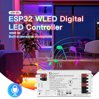 Controlador WLED ESP32 RGBIC COB LED Tira de luz Kit de cinta reactiva al sonido Música Sincronización Funciona con Alexa 24V 5 10 15 20 25 30 40 M