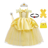 Girls Belle Cosplay Costumes Girls Dresses for Beauty Kids Party Clothing Magic Stick Crown Children Yellow Dress and The Beast