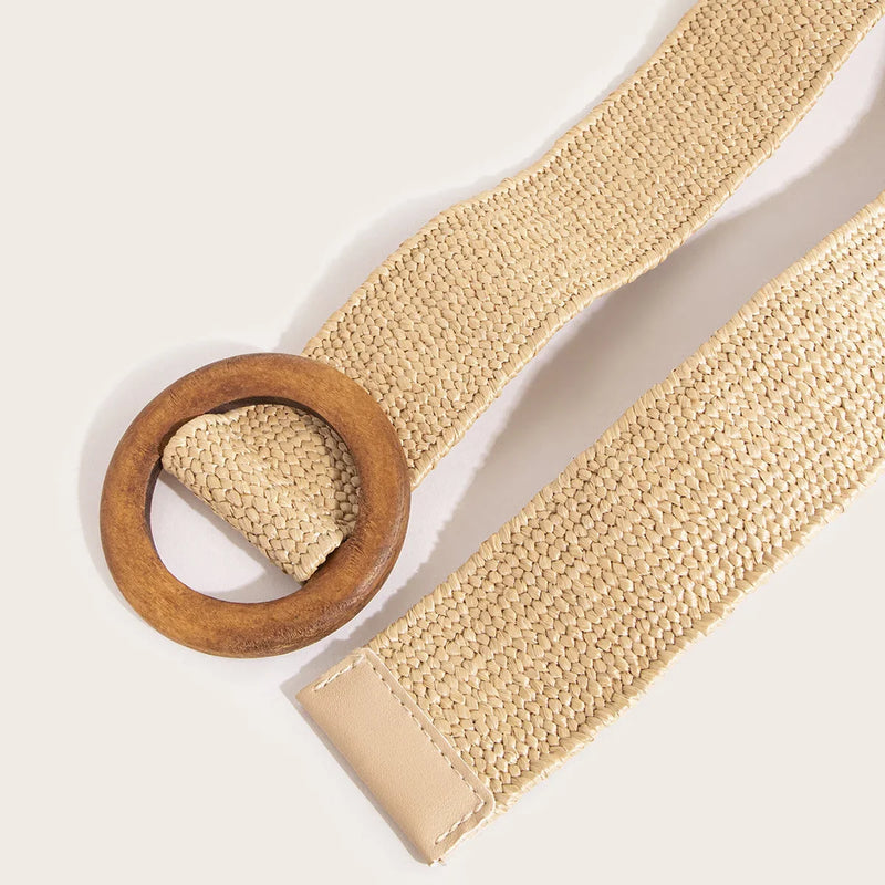 Ladies Round Dark Wooden Buckle Pp Straw Woven Elastic Belt Versatile Summer Fashion Bohemian Style Geometric Pattern