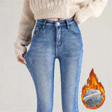 Women's Thermal Jeans Winter Snow Warm Plush Stretch Jeans Lady Skinny Thick Fleece Denim Long Pants Retro Blue Pencil Trousers