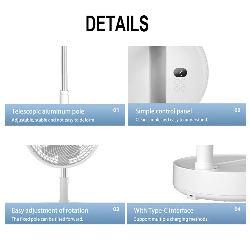 P30 Rechargeable Standing Fan 12 Inch 10800mAh Electric Folding Fan for Desktop Floor Wireless Portable Fans for Home Camping