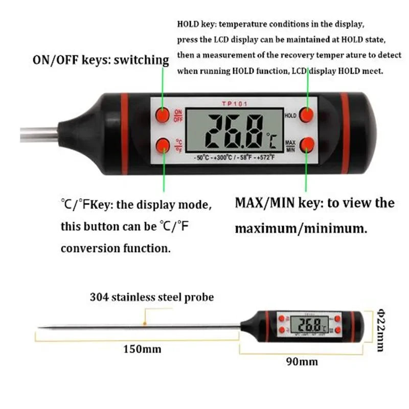 Electronic Thermometer Food Kitchen Oil Thermometer Electron Probe Liquid BBQ Baking Digital Display Temperature Pen Meter TP101