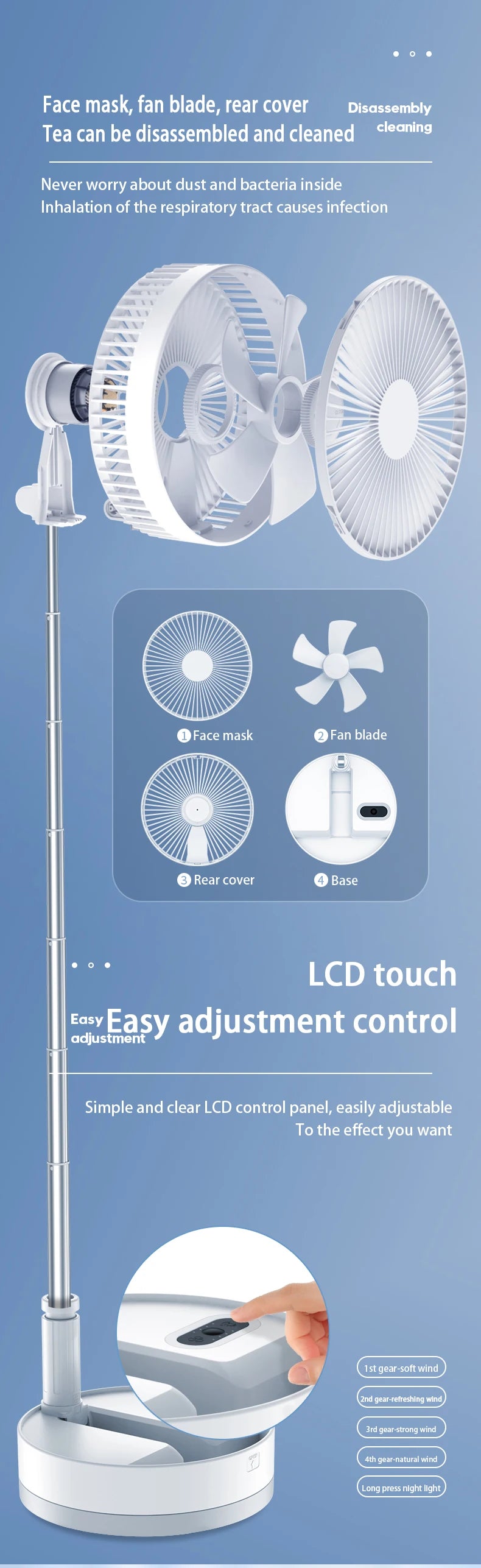 P10 10800mAh Folding Portable Fan USB Remote Control Air Cooler Silent Rechargeable Wireless Floor Standing Fan for Camping Desk