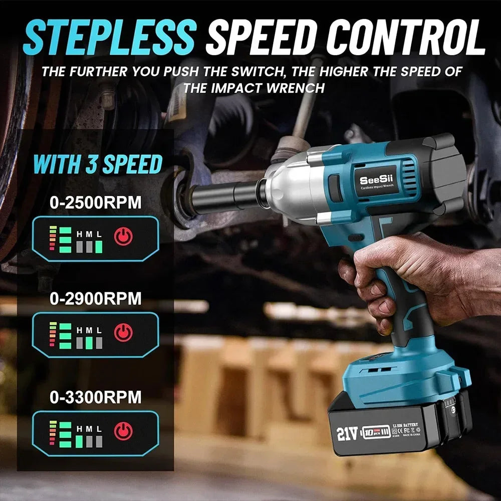 Cordless Impact Wrench 900N.m Power Impact Gun 1/2'' 3300RPM Brushless Electric Impact Driver for Home Car Truck Mower