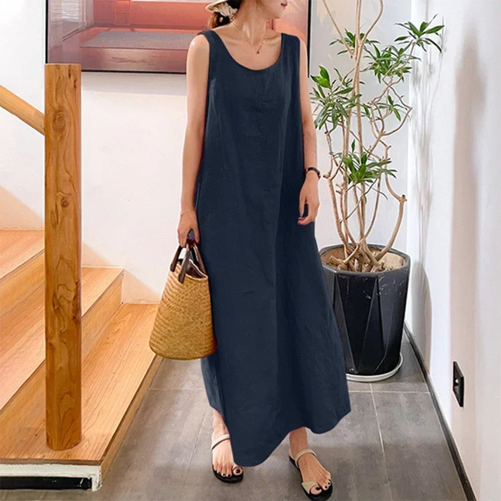 Vestido longo de linho de algodão feminino, saia solta, roupa feminina, moda casual, elegante, verão, tamanhos grandes, 2025