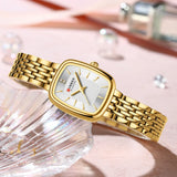Relógio feminino quadrado dourado em aço inoxidável com calendário