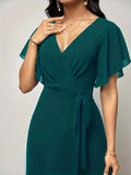 Women's New Solid V Neck Flutter Sleeve Tie Waist Split Wide Leg Jumpsuit Elegant Slimming Versatile Party Daily Casual Jumpsuit