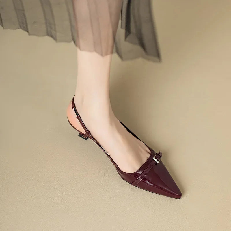 2024 New Summer French Wine Red Pointed Patent Leather Mid-Heel Overhead Sandals for Women Retro Skinny Heel Open-Back Shoes