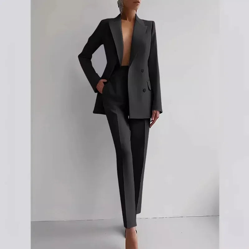 Conjunto de 2 piezas de ropa para mujer, chaqueta blazer de manga larga de color liso, pantalones largos de cintura alta, traje de verano, moda de oficina
