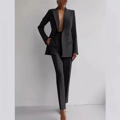 Conjunto de 2 piezas de ropa para mujer, chaqueta blazer de manga larga de color liso, pantalones largos de cintura alta, traje de verano, moda de oficina