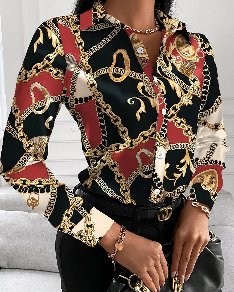 Women's Fashion Wild Shirts Chain/Floral/Letter/Geometric Square Print Turn-Down Collar Long Sleeve Blouses