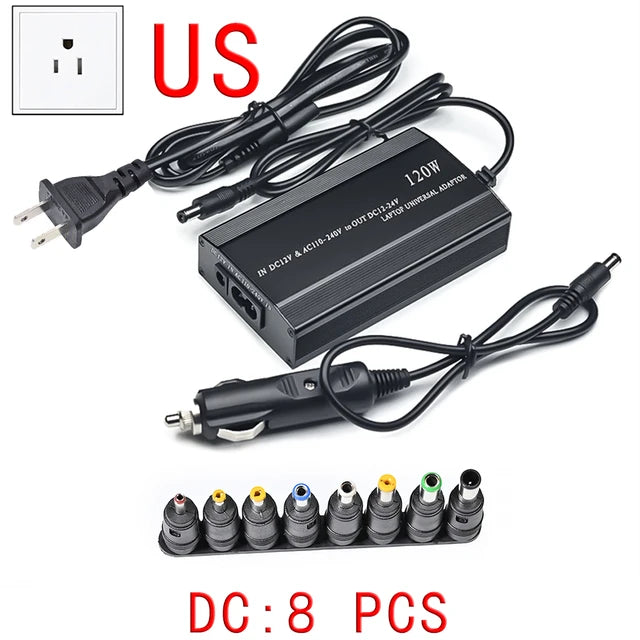 Cargador universal para coche, adaptador de corriente CA/CC, USB, para portátil, ajustable, 120 W, 220 V, 110 V a 12 V, 15 V, 16 V, 18 V, 19 V, 20 V, 22 V y 24 V 