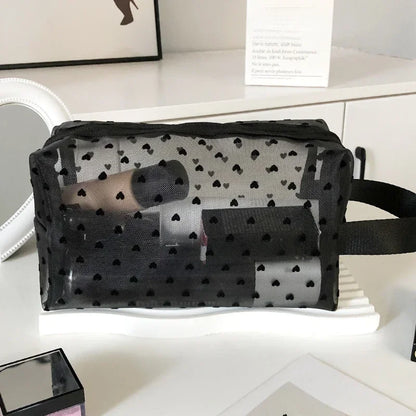 Heart-Shaped Nylon Mesh Cosmetic Bag Portable Toiletry Organizer for Women Makeup Storage