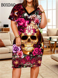 Skull 3D Print Short Sleeve Dresses For Women 2025 Summer Fashion V-Neck Plus Size Loose Dress 6XL Women's Clothing