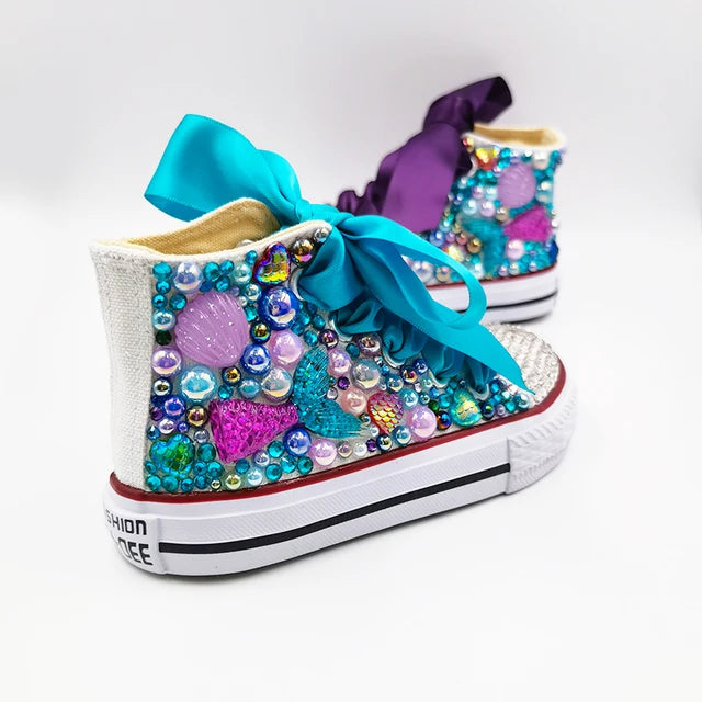 Dollbling Shell Simulation Canvas Shoes, DIY Bling Handmade Shoes, Mermaid Theme, Kids High Top Pearls Sneakers, Under the Sea 
