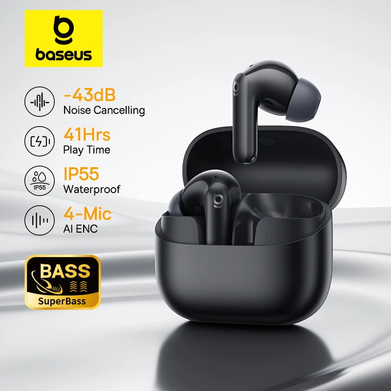 Fones de Ouvido True Wireless Baseus Bass EP10 NC – Cancelamento de Ruído ANC de -43dB, Bluetooth 6.0, Intra-auriculares, 4 Microfones com ENC