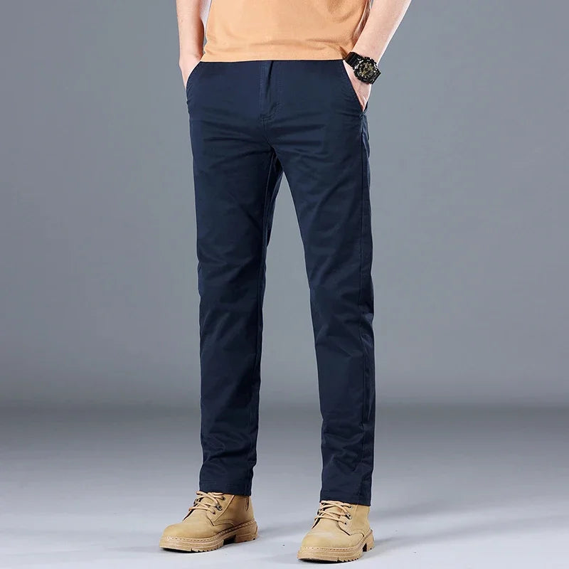 Men's High Quality Pure Cotton Classic Solid Color Casual Pants Business Stretch Slim Straight Brand Trousers Male Autumn New