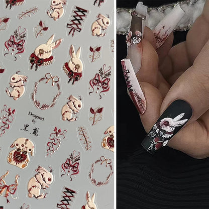 Thorns Rose Bloody Bunny 5D Embossed Reliefs Self Adhesive Nail Art Stickers Dark Style 3D Nail Decorations Decals Wholesale