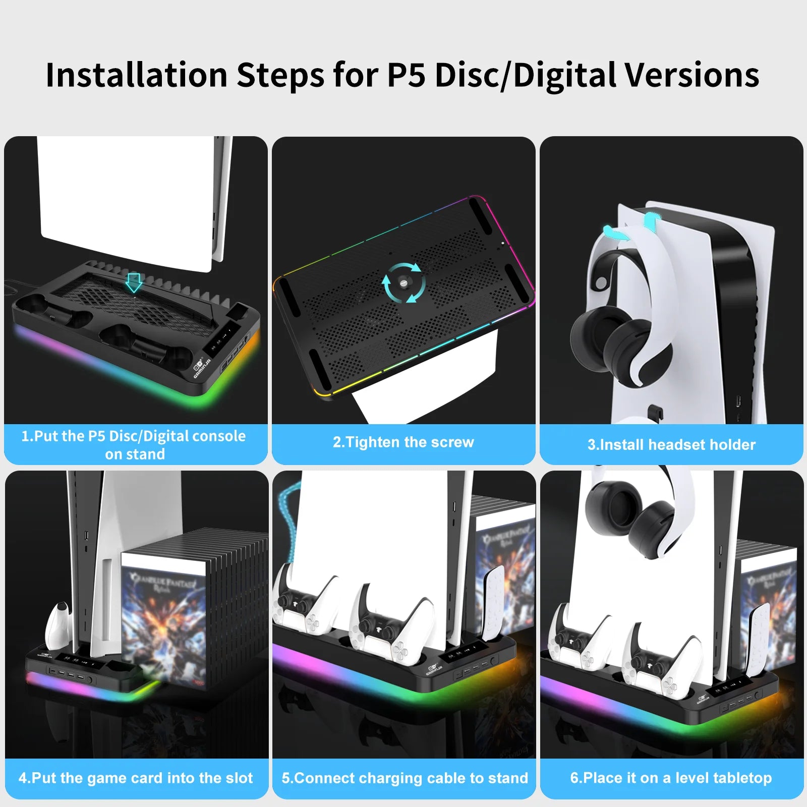 GAMINJA Host Heat Dissipation Base For PS5 With 7 Color Light Effect Headphone Hook Game Disc Storage Rack Handle Charging Stand