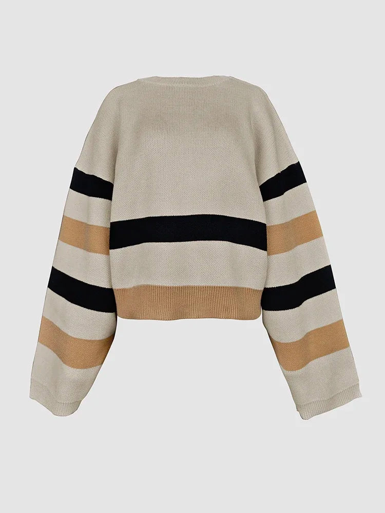 Beautyblue 2 Piece Sets Women Outfit Pant Sets 2025 New Round-Neck Pullovers Khaki Sweater Striped Wide Leg Pants Tops&Bottoms