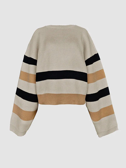 Beautyblue 2 Piece Sets Women Outfit Pant Sets 2025 New Round-Neck Pullovers Khaki Sweater Striped Wide Leg Pants Tops&Bottoms