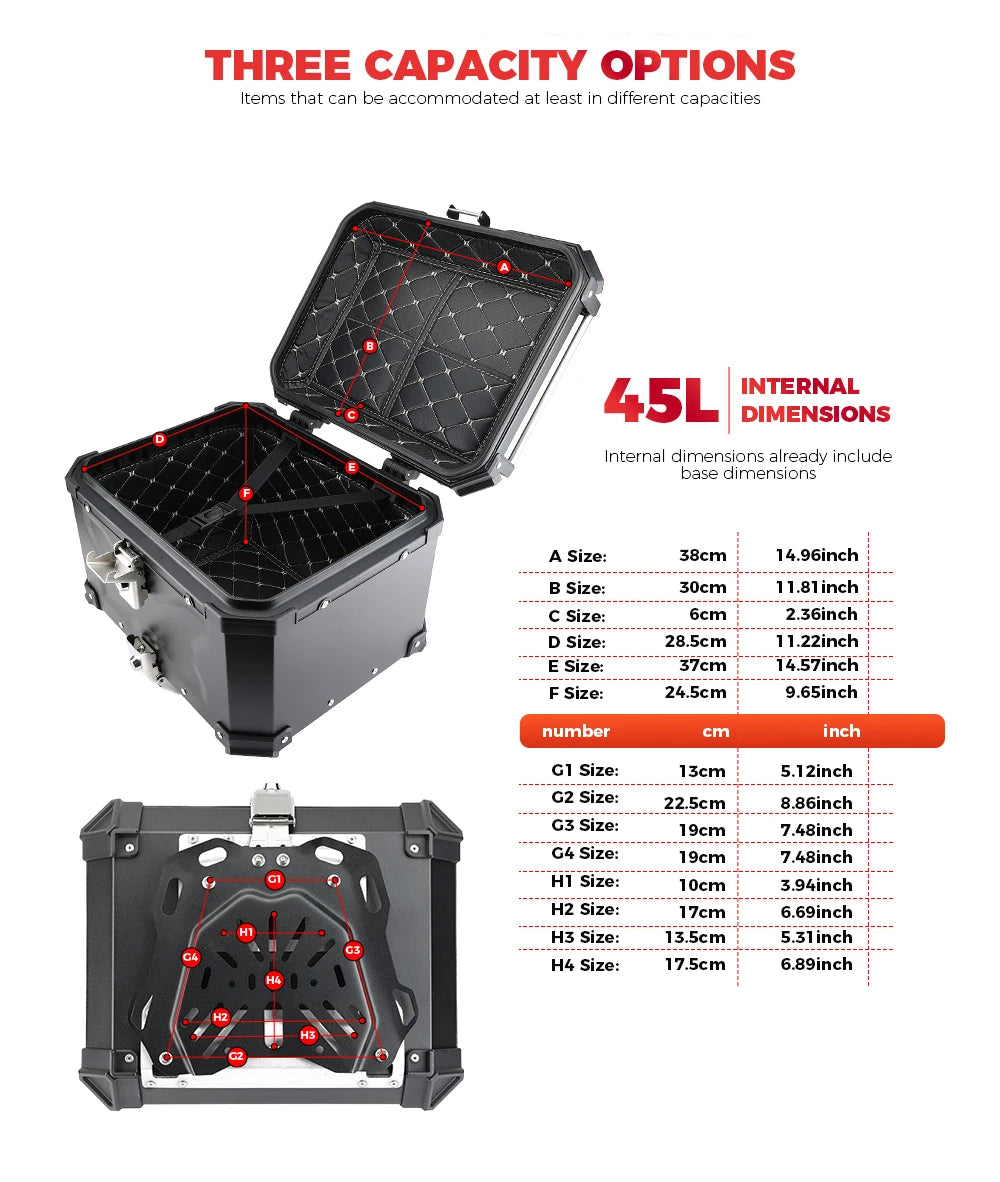 KEMIMOTO 45L/55L/65L Motorcycle Aluminum Case Tail Box Trunk with backrest Universal Top Tail Rear Luggage Tool Storage Box