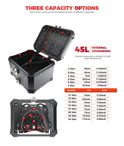 KEMIMOTO 45L/55L/65L Motorcycle Aluminum Case Tail Box Trunk with backrest Universal Top Tail Rear Luggage Tool Storage Box